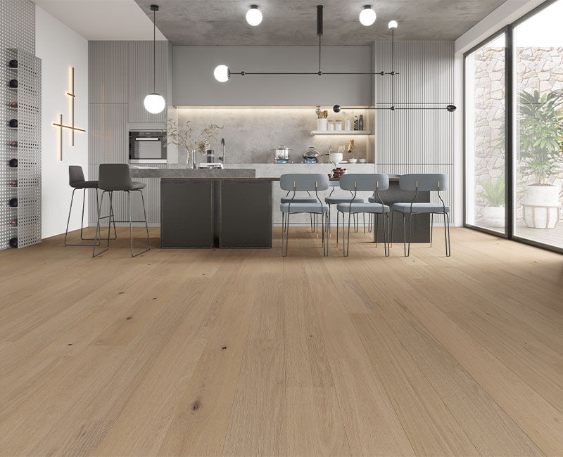 warm toned hardwood flooring in kitchen with modern decor